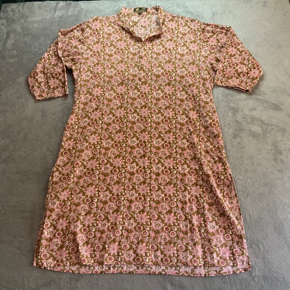 Khadi India Floral Block Print Tunic Top Pink Olive Green 3/4 Sleeve Pockets 40